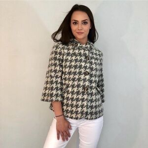 ANTHROPOLOGIE ELEVENSES HOODED CROPPED WOOL Swing COAT GREY WHITE HOUNDSTOOTH M